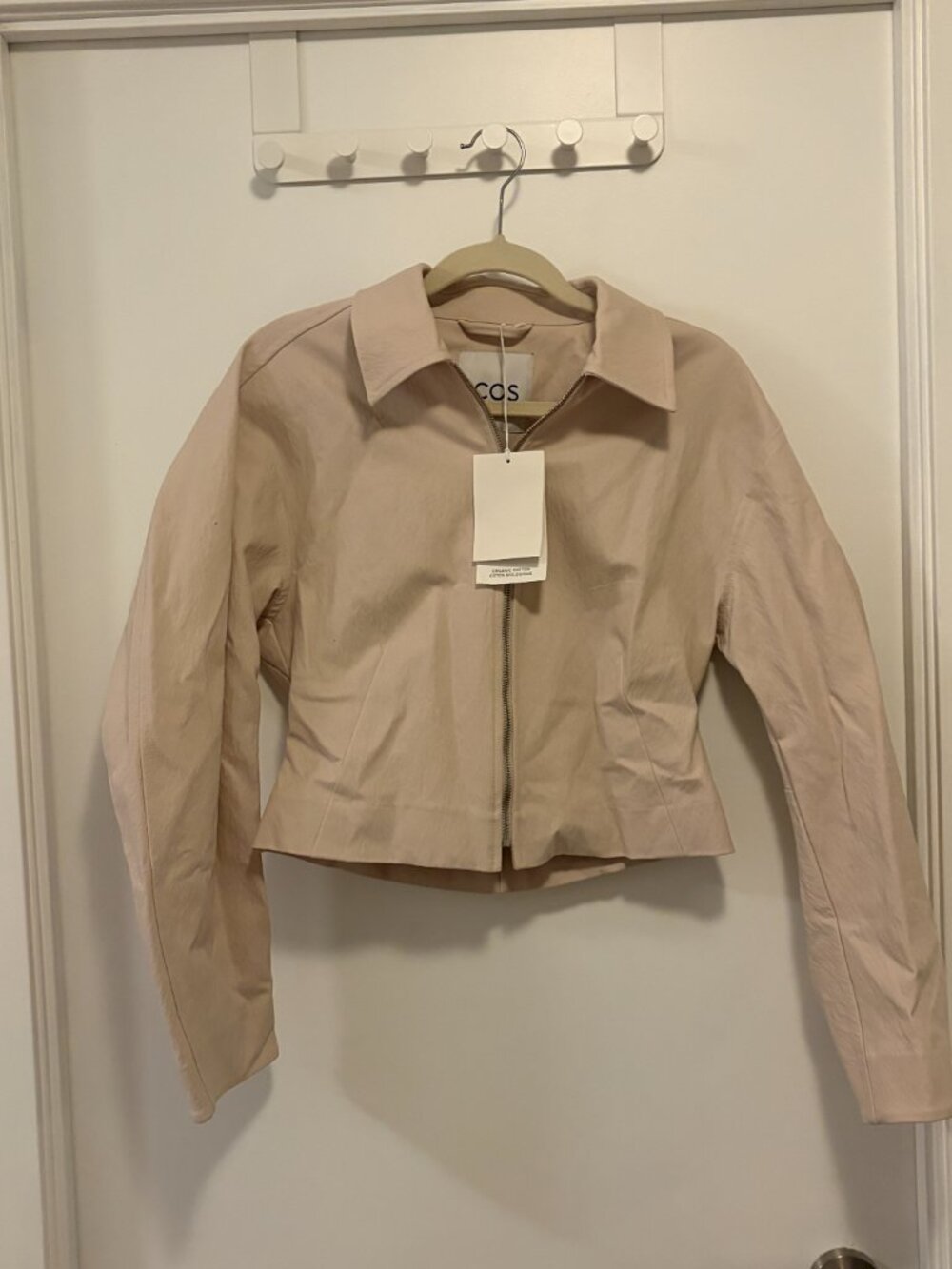 COS Cropped Waisted Jacket Pale Beige Organic Cotton Zip Collar US 6 NWT